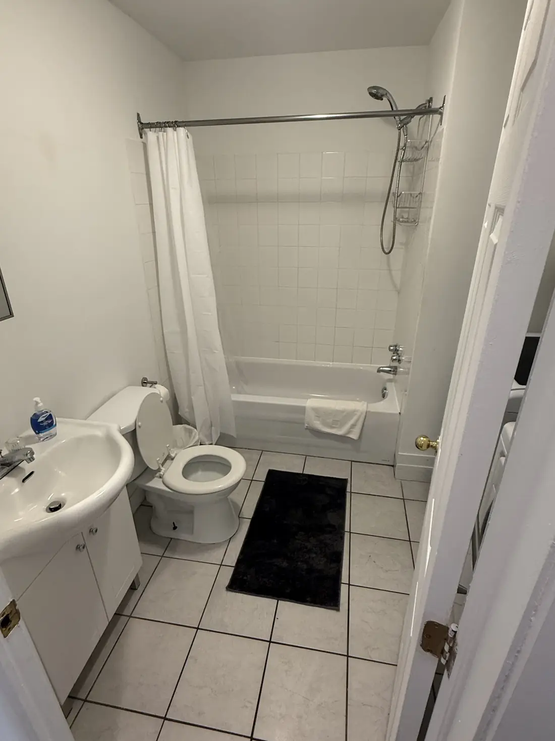 Salle de bain avec baignoire-douche, lavabo et carrelage clair.