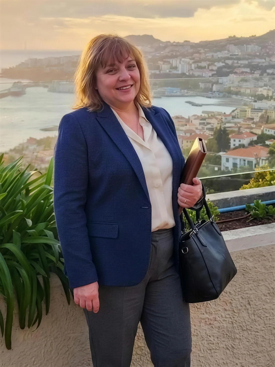 Carmelita, souriante, en veston bleu marine.
